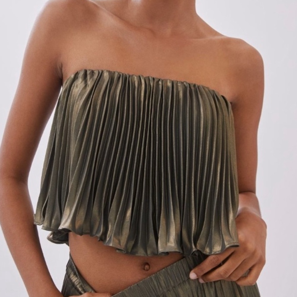 Anthropologie Green Pleated Metallic Skirt Set - Picture 4 of 10